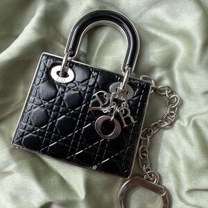 Lady dior makeup compact bag charm Quilted Bag Charm with Silver Accents